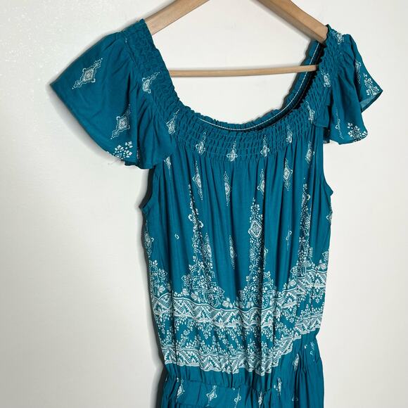 Jaase Womens Mini Dress Medium Teal Blue Tasseled Hem Ruffle Western Bohemian - Picture 4 of 11